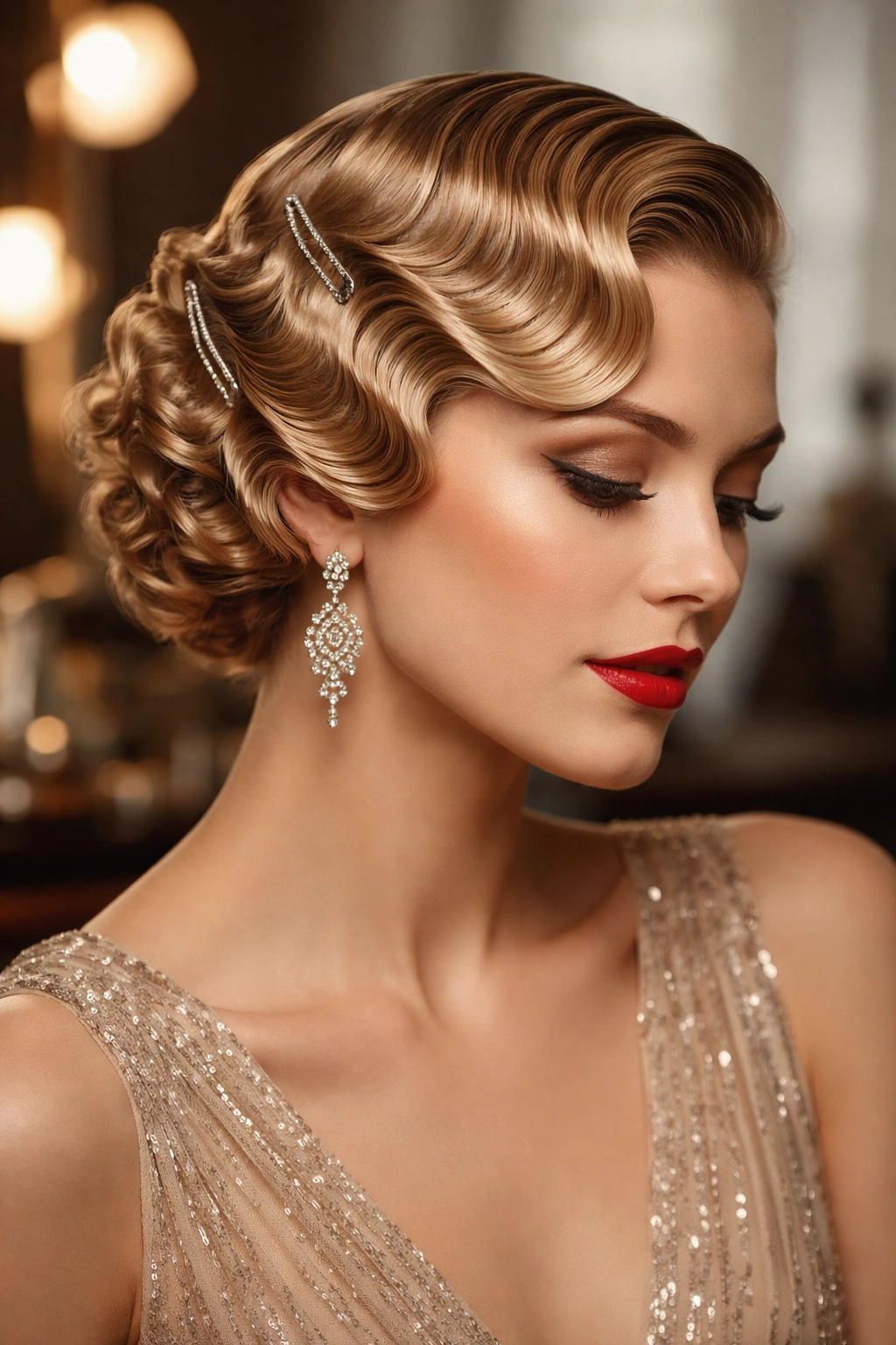 Model wearing finger waves in a 1920s-inspired salon.