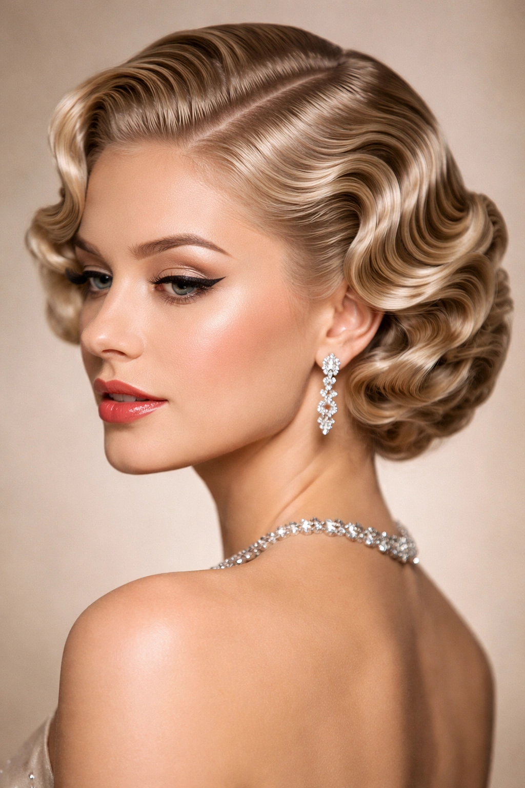 Sculpted finger wave hairstyle with deep waves along the head