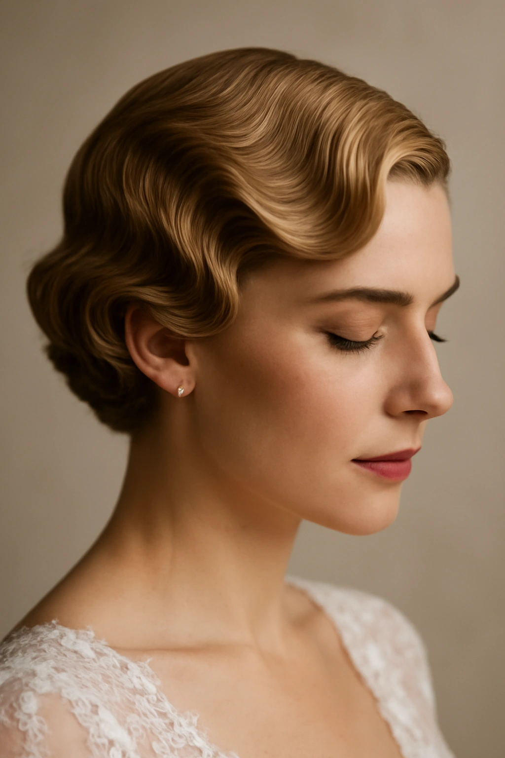 10 Wedding Hairstyles Short-Haired Brides Will Love 7 Close-up of a bride with short hair styled in soft finger waves and a deep side part