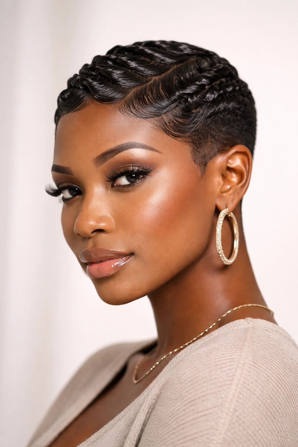 Portrait of a Black woman with ripple finger waves on top and fade on sides