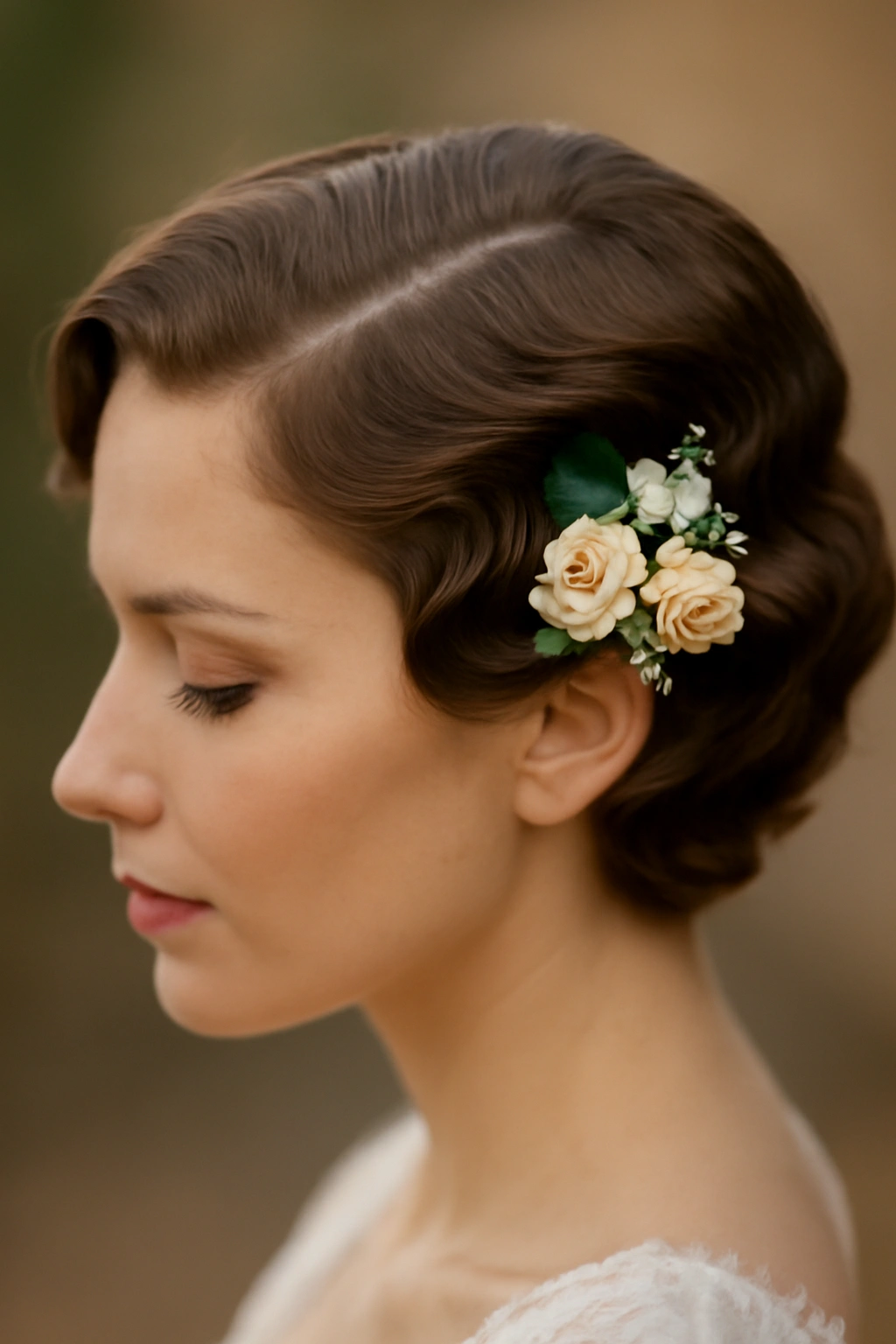 10 Simple Wedding Hairstyles for Short Hair Brides 6 Finger waves with floral detail on short hair