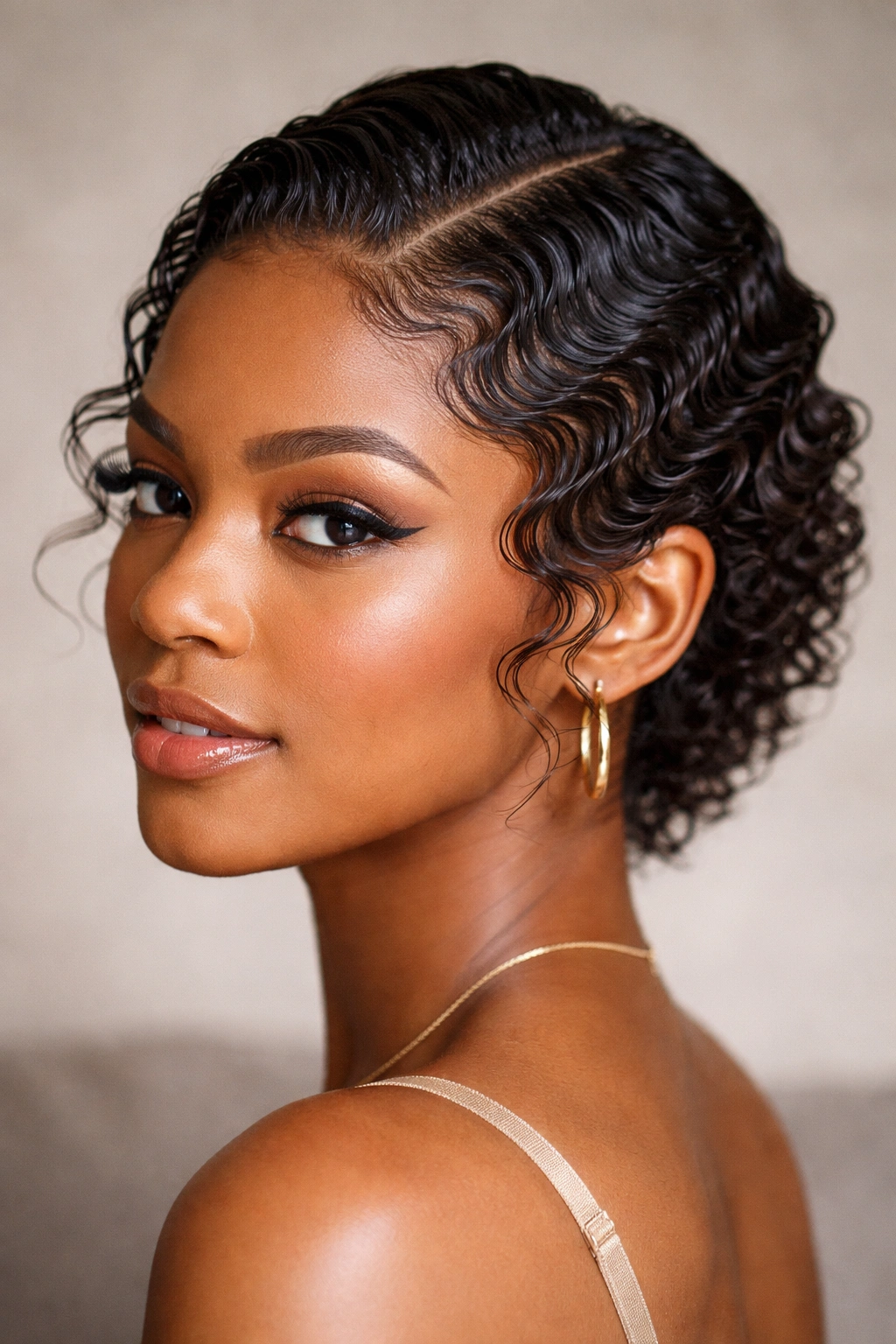 Close-up of finger waves on damp hair with glossy S-shaped pattern