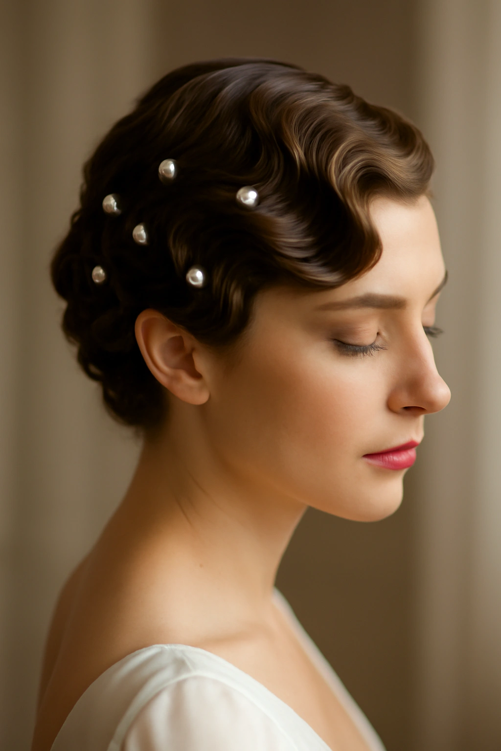 12 Bridal Updos Every Short-Haired Bride Should Try 7 Close-up of short bridal hair with finger waves and pearl pins