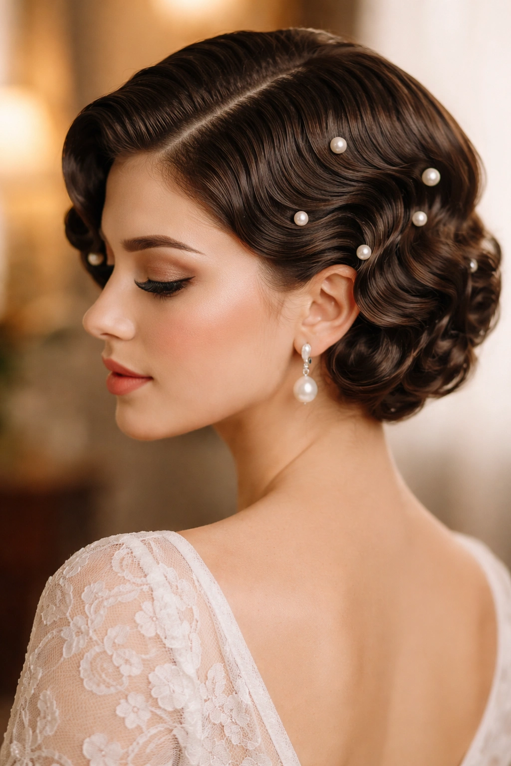 Finger waves on short hair with pearl pins
