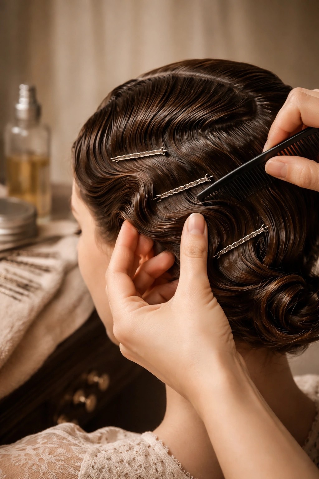 Close-up of hands creating finger waves with a comb and pins on damp hair