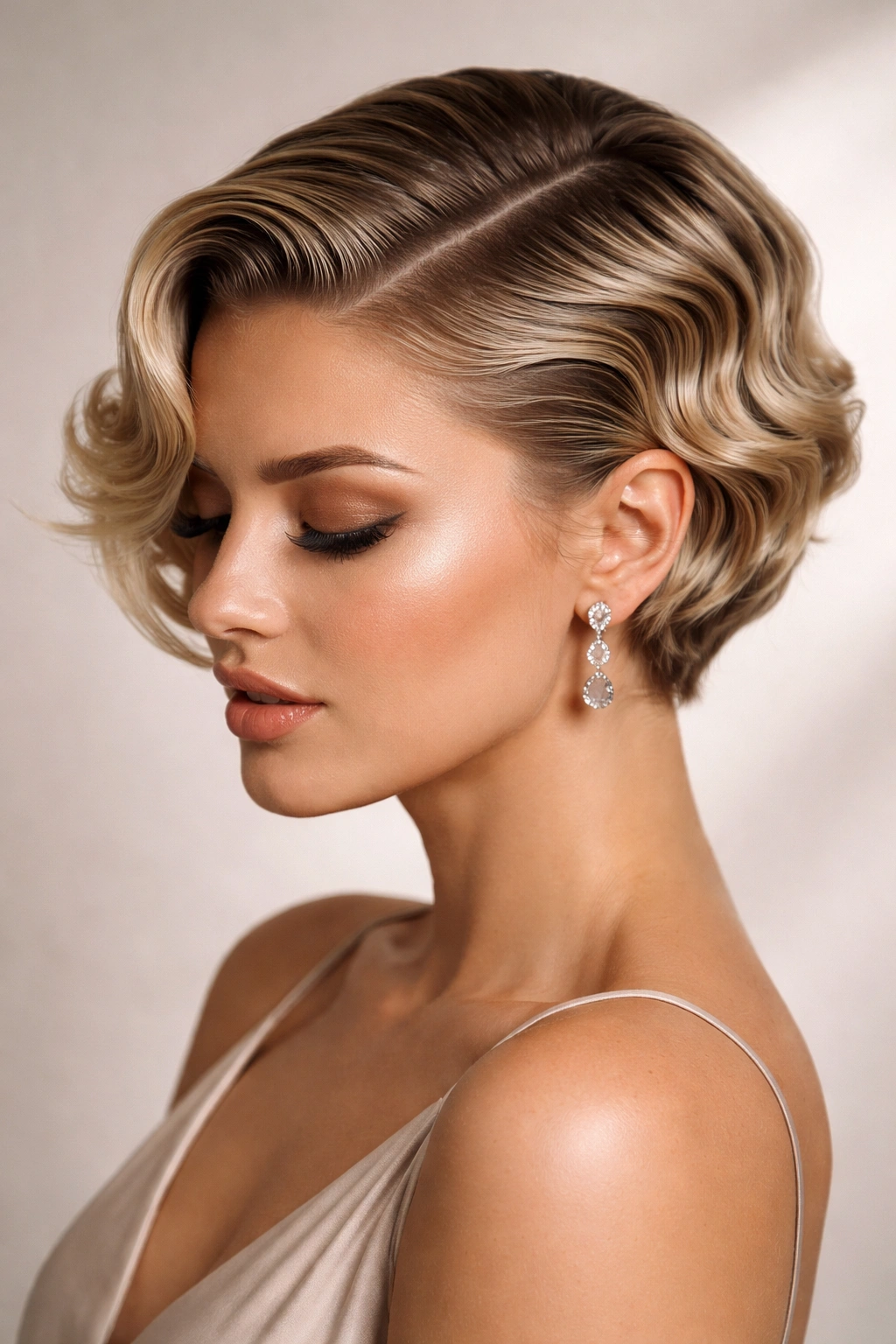 Side view of short hair with sculpted finger waves and a side part.