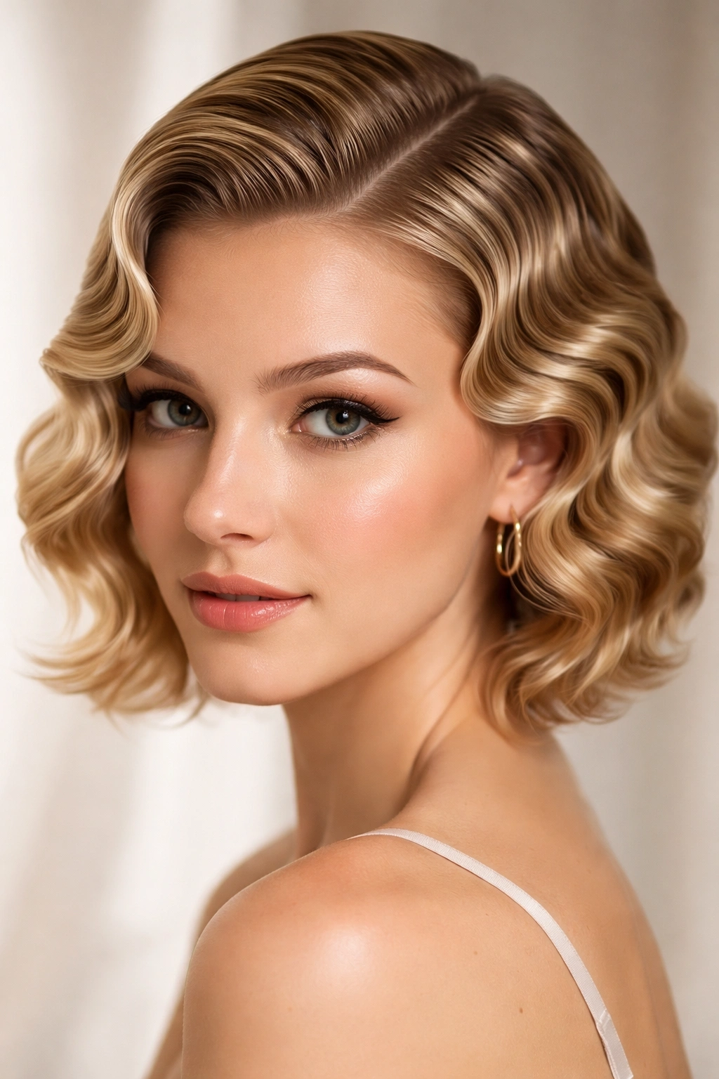 Fine hair styled into defined finger waves along the scalp