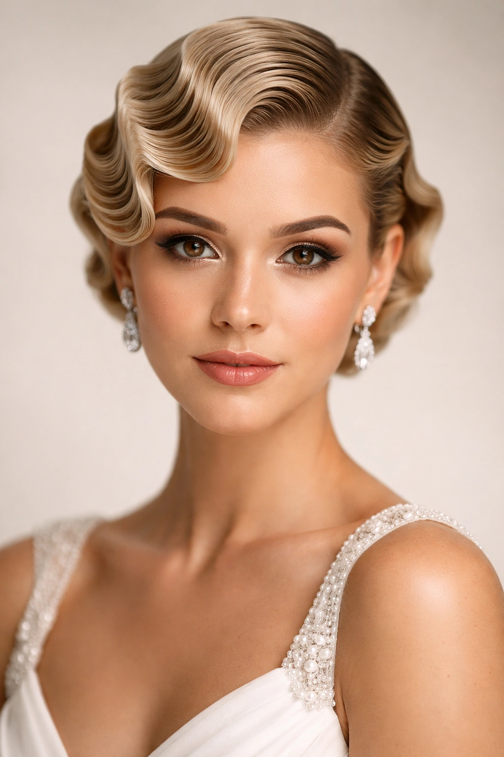 Bride with vintage finger waves on short hair in studio