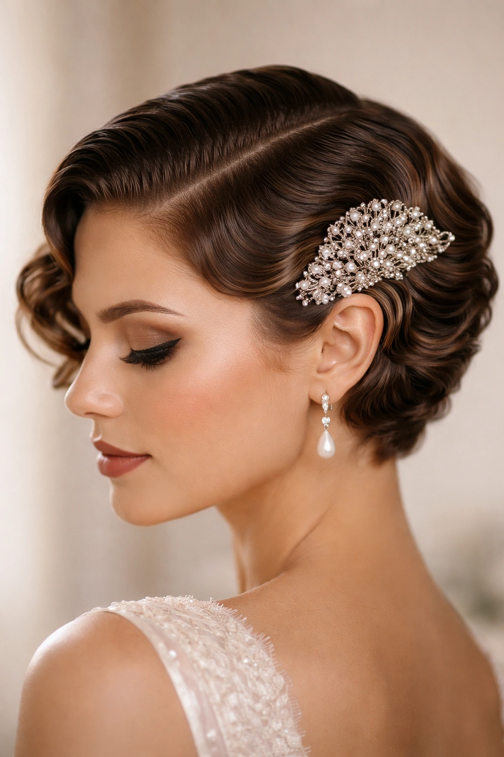 Close-up of finger waves on short hair with a beaded accessory