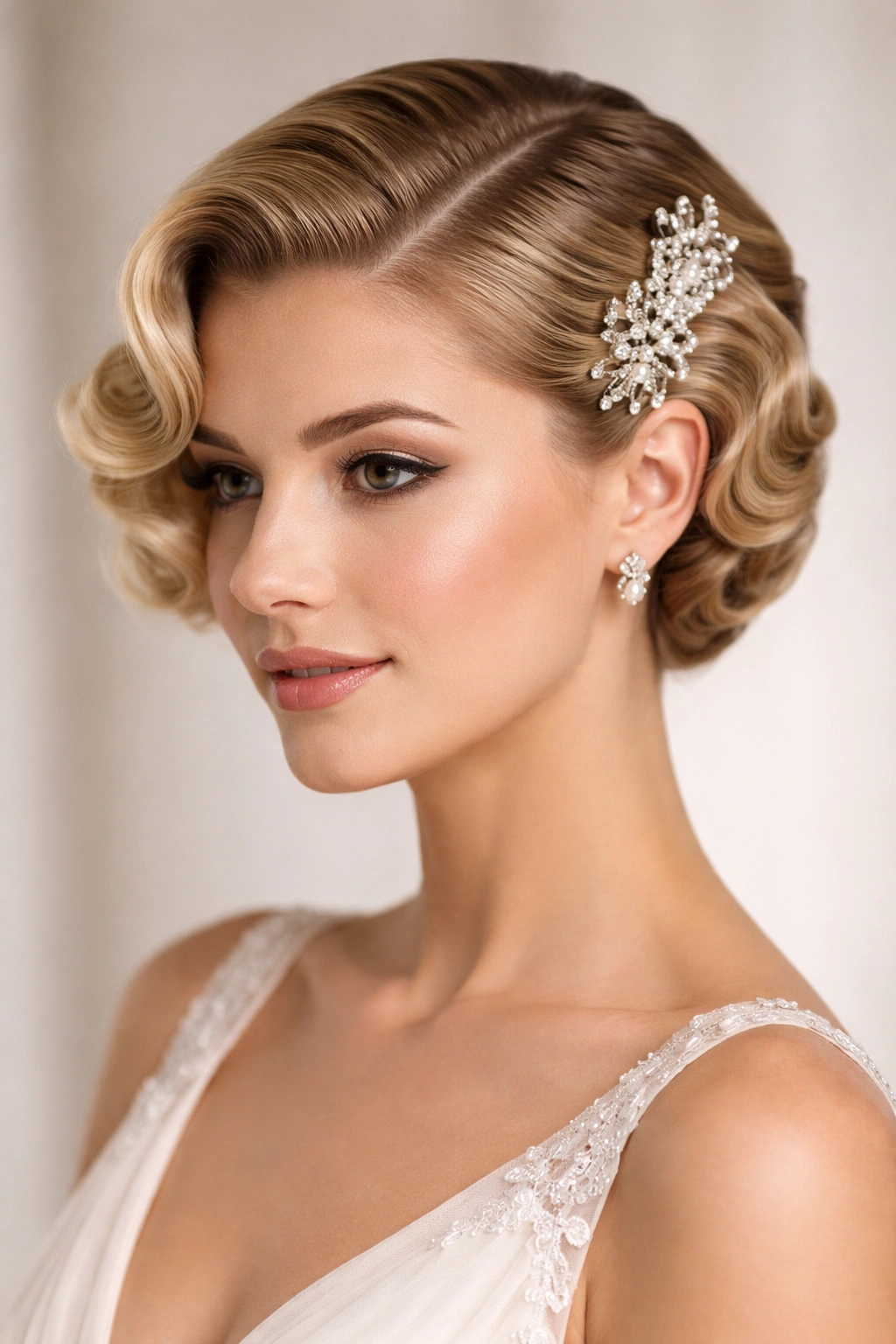 Finger waves with vintage brooch on short hair