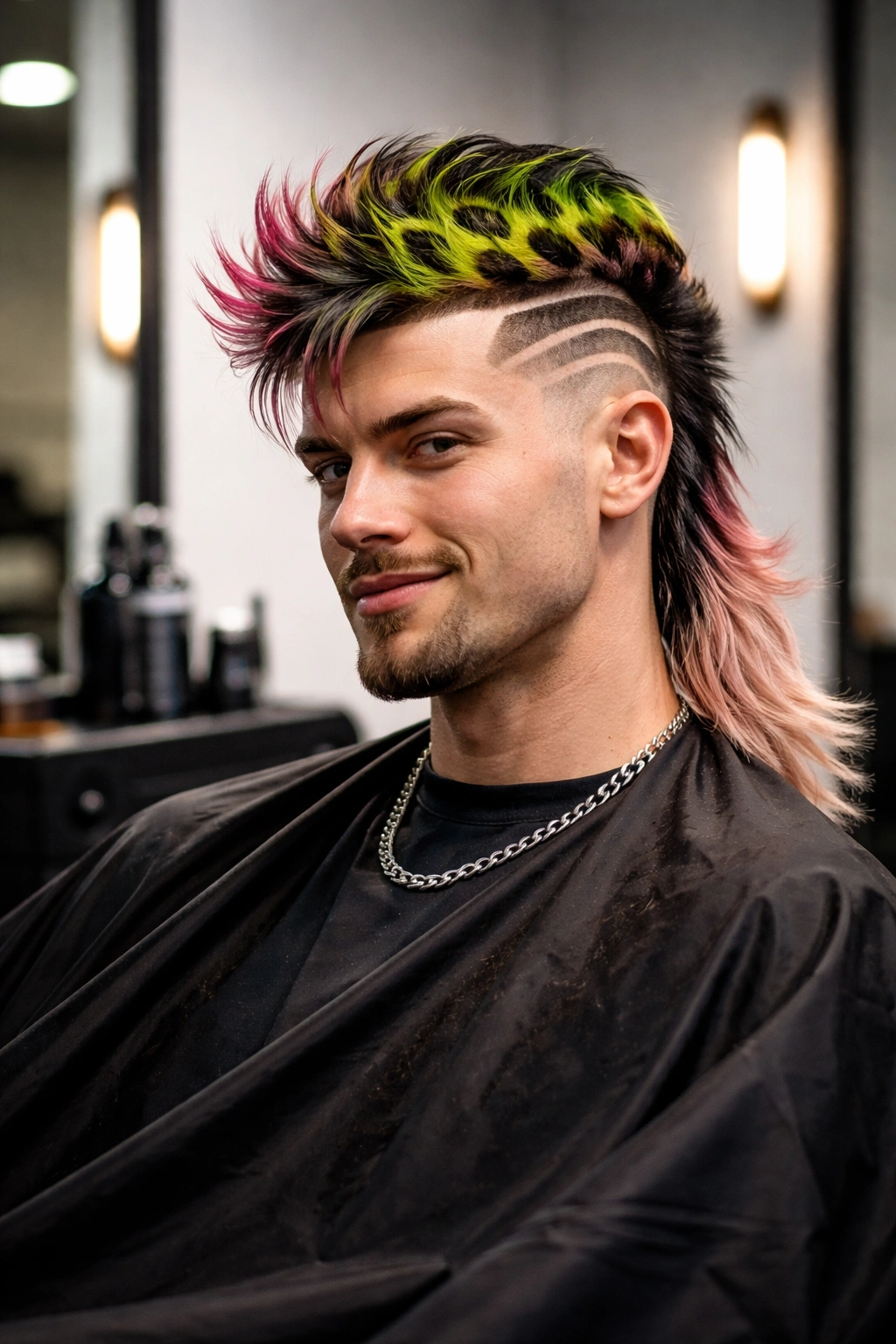 Man with finished bold haircut in a minimalist barber studio