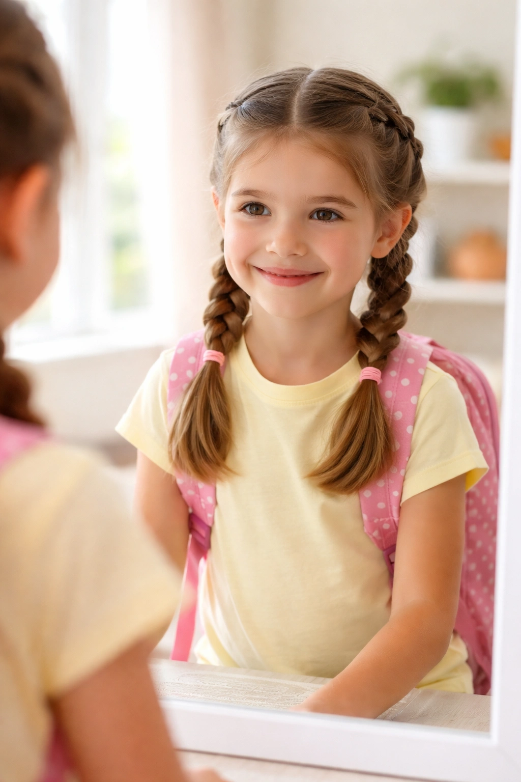 Smiling girl with finished school hairstyle looking in a mirror