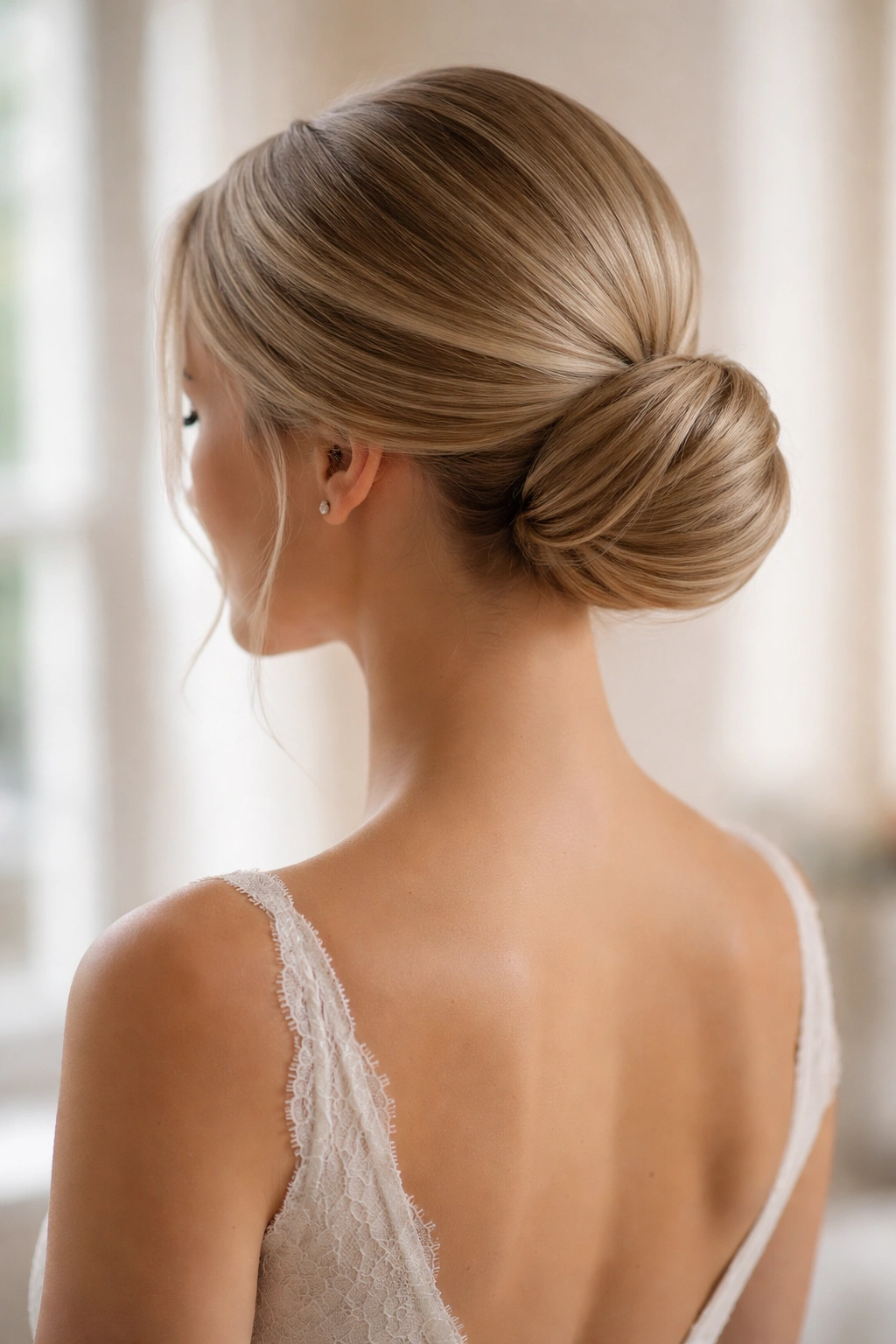 Finished low bun on a bride in soft morning light, showcasing secure structure