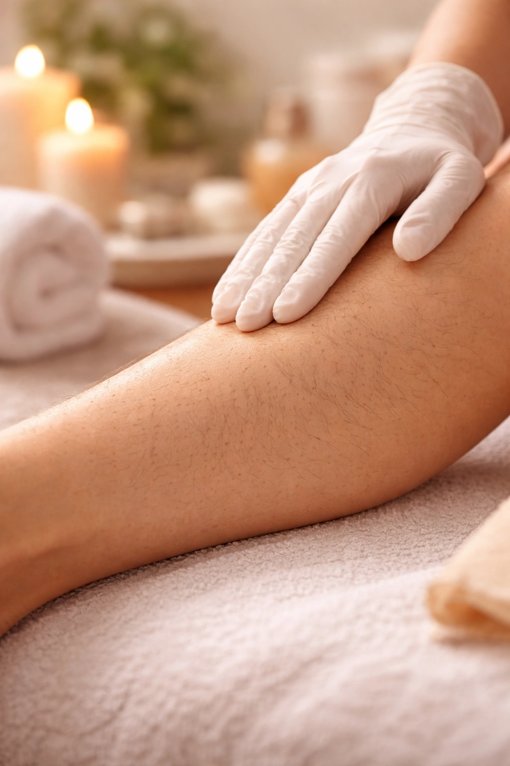 Leg with growing hair prepared for first waxing