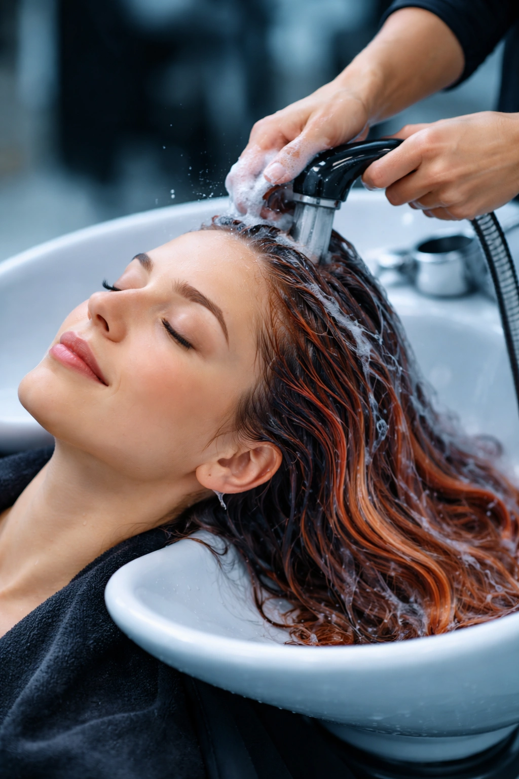 Dyed hair during first wash at a salon sink with water and shampoo in action