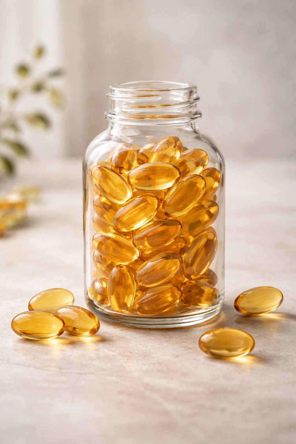 Close-up of fish oil capsules and bottle on white surface