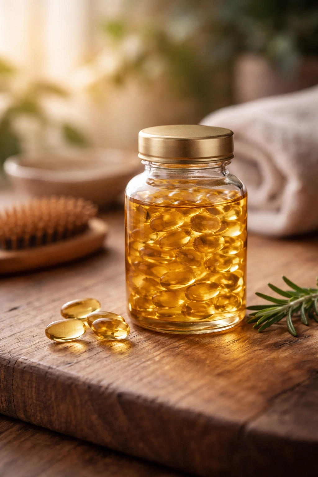 Serene still life of fish oil bottle on wood surface