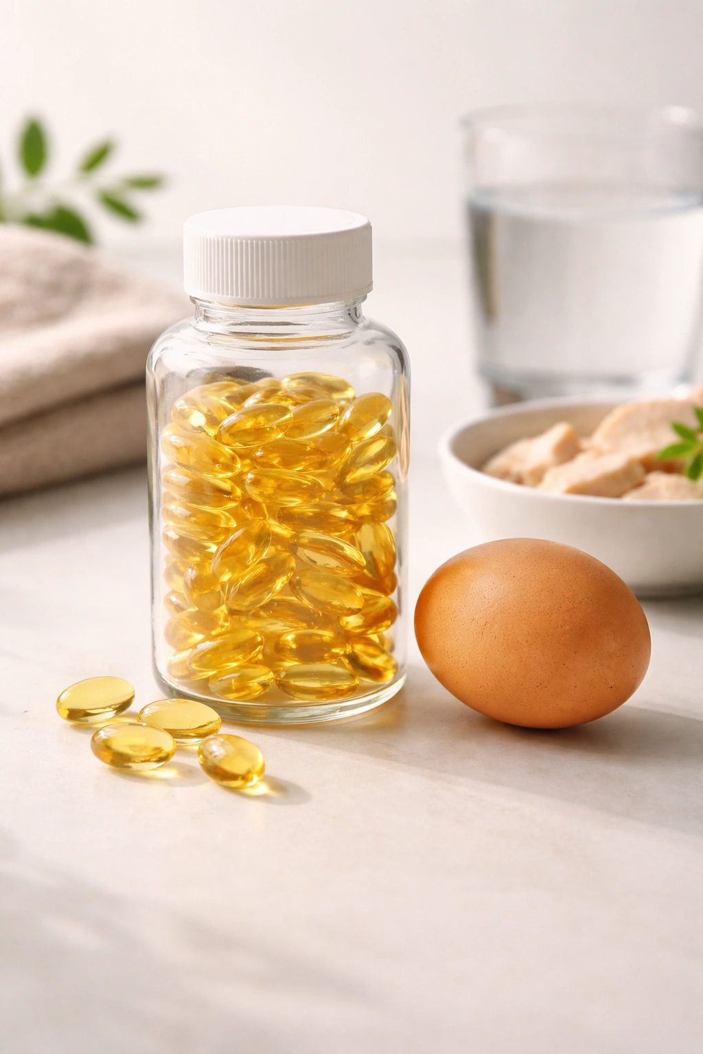 Bottle of fish oil beside a single egg on a neutral surface, symbolizing nutrition for hair health