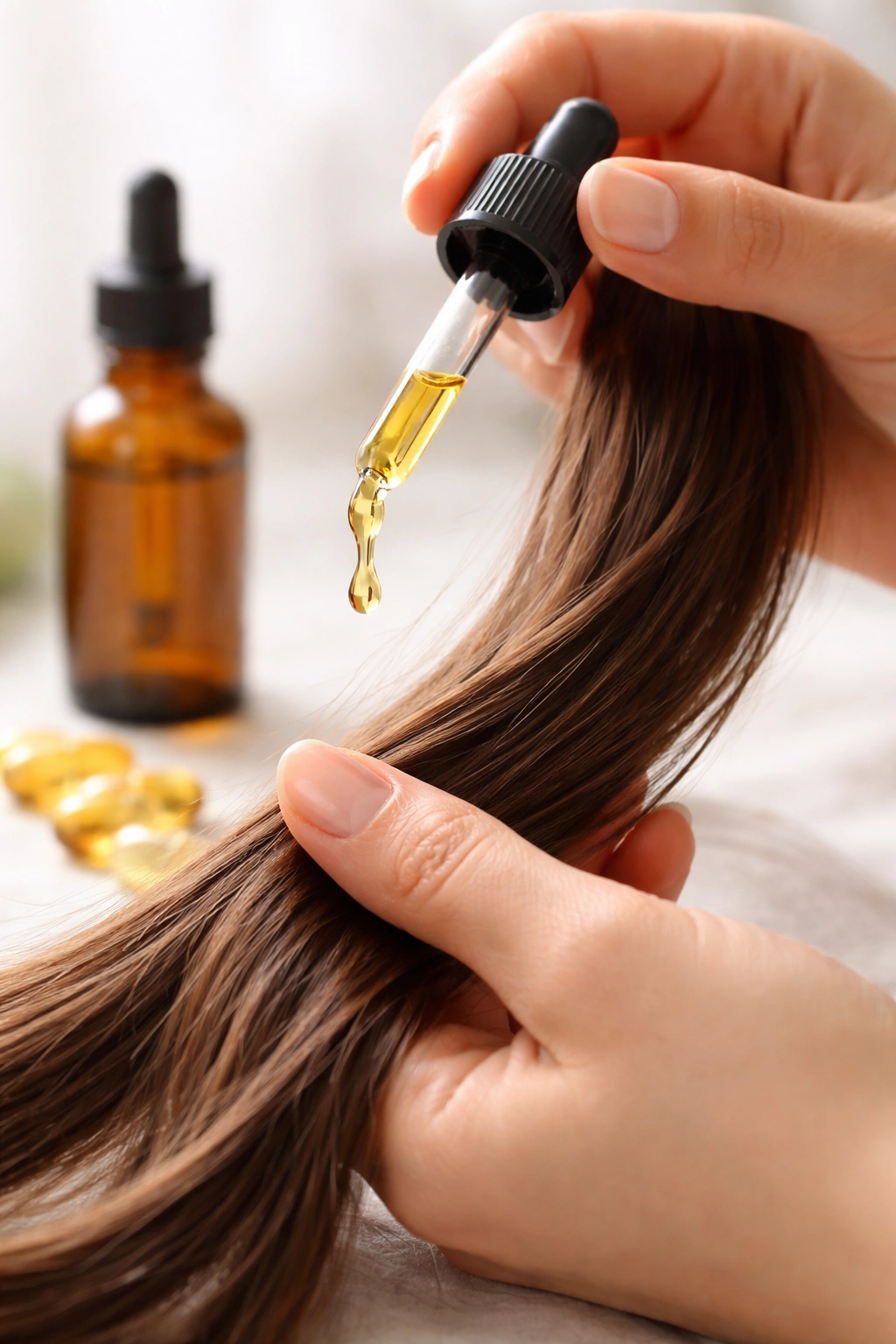Hand applying fish oil to hair strand