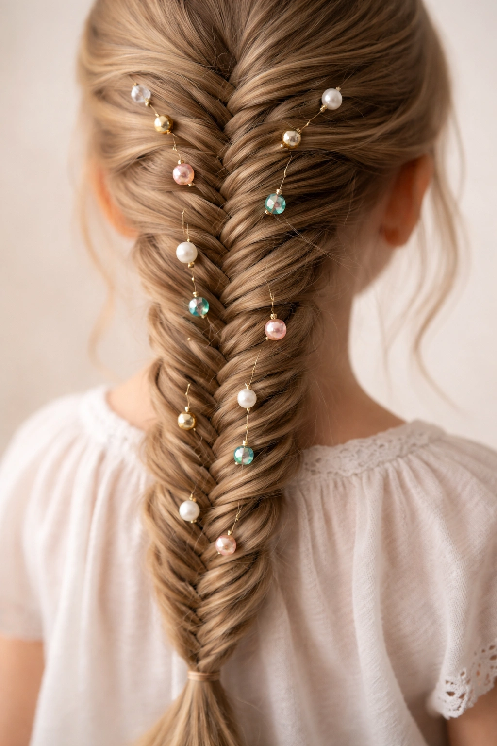 Close-up of a fishtail braid with scattered beads woven into the weave