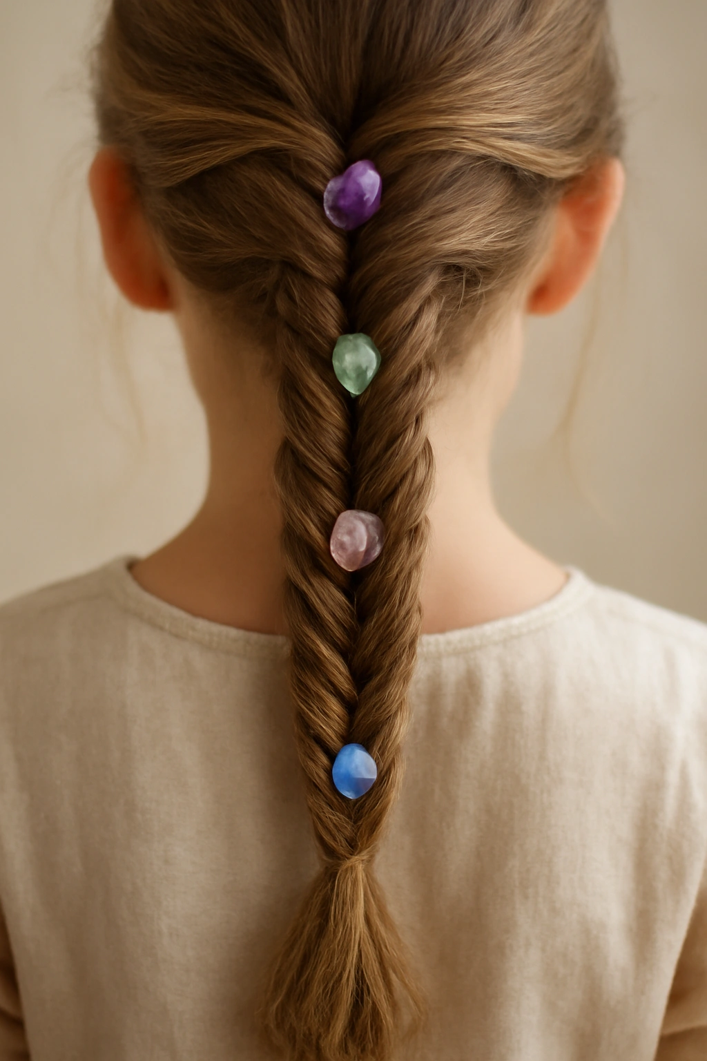 10 Pretty Beaded Braid Styles for Little Girls 7 Close-up of a fishtail braid with gemstone beads on a child's head.