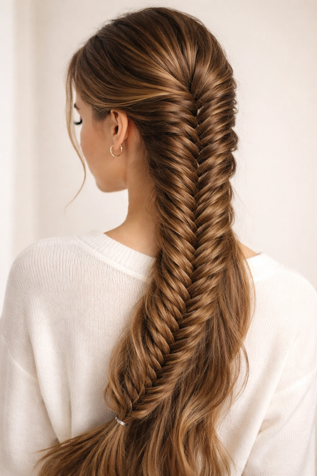 Close-up of a fishtail braid with intricate woven pattern