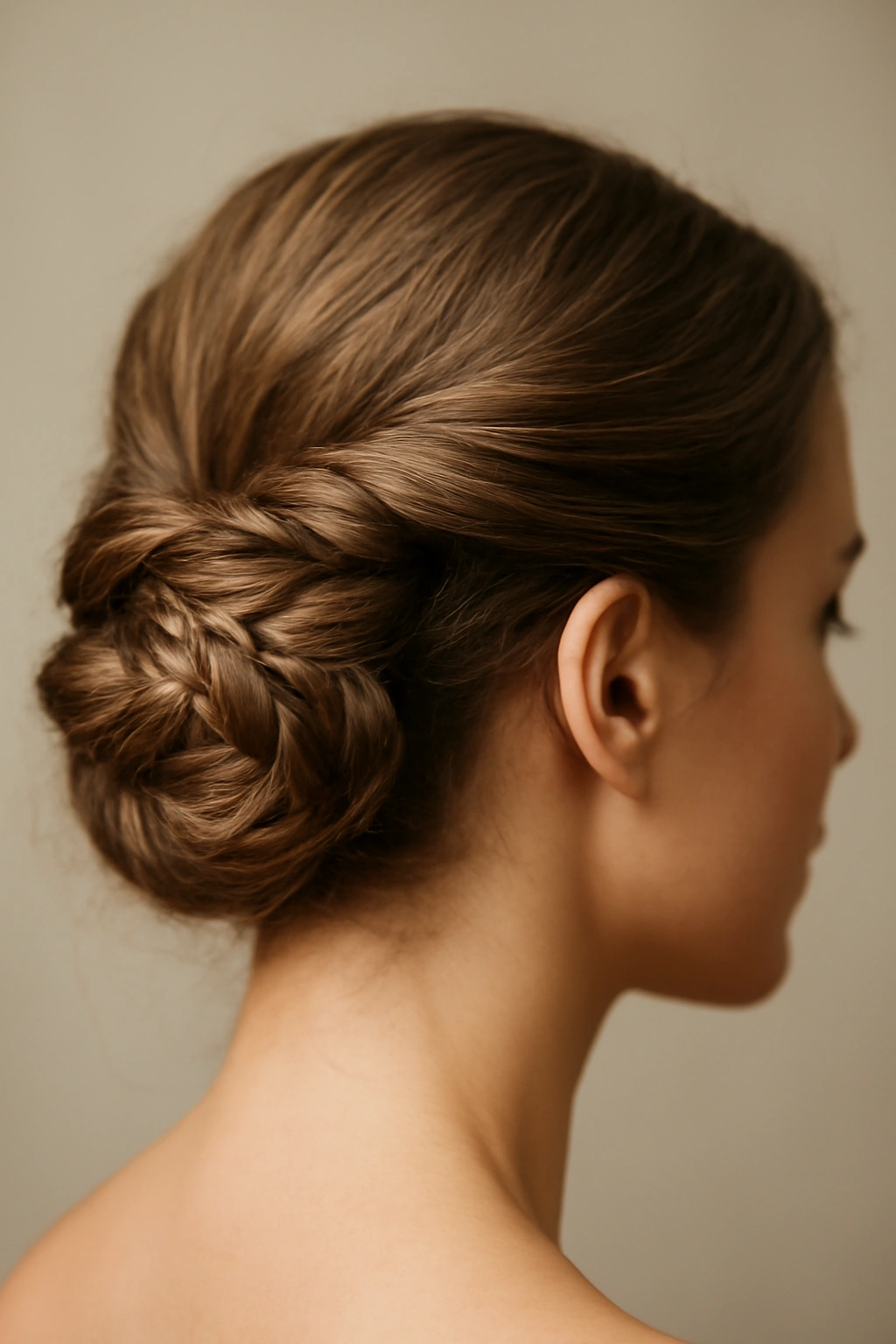 10 Braided Updos to Try on Medium or Long Hair 2 Close-up of a fishtail braid wrapped bun showing lace texture and fullness.