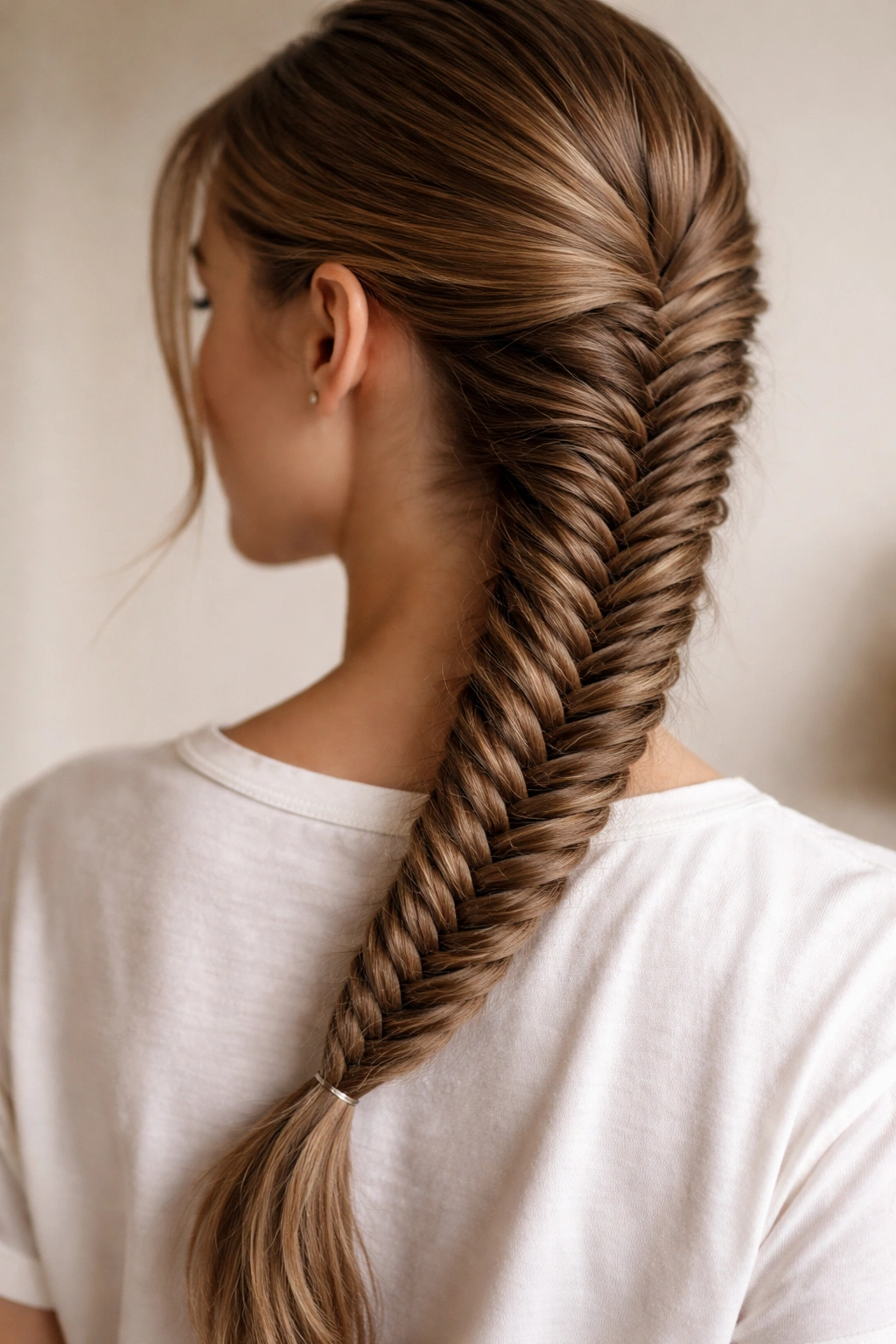 Close-up side view of a fishtail braid with intricate texture
