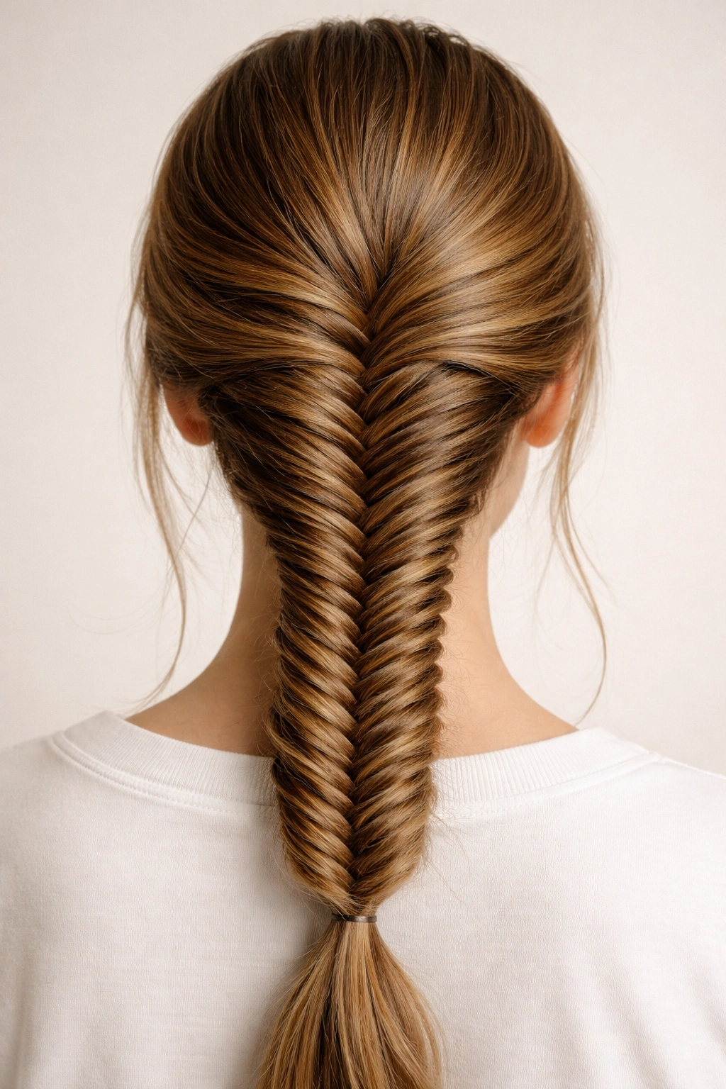 Close-up of a fishtail braid at the nape of the neck