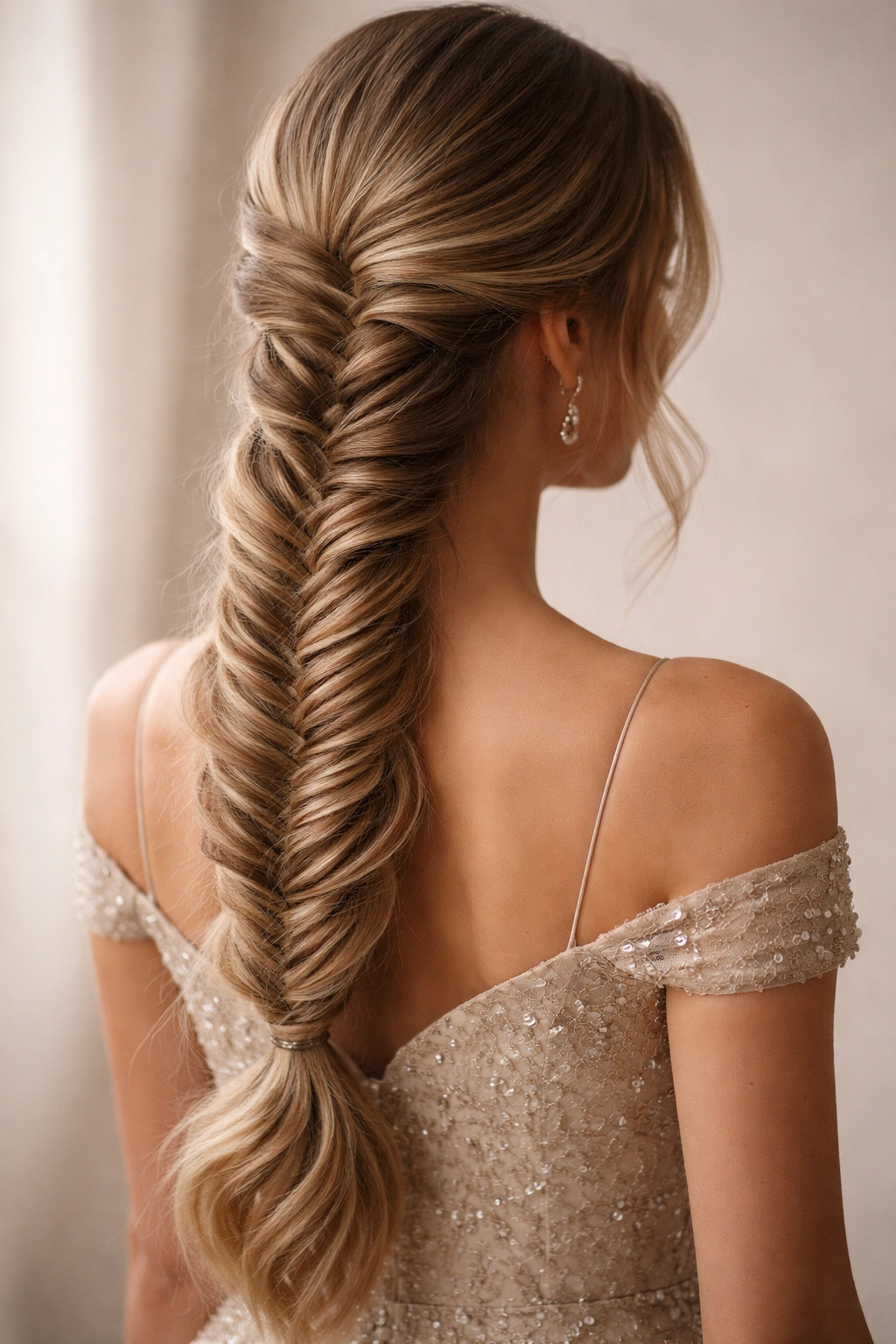 Three-quarter view of fishtail braid down the back