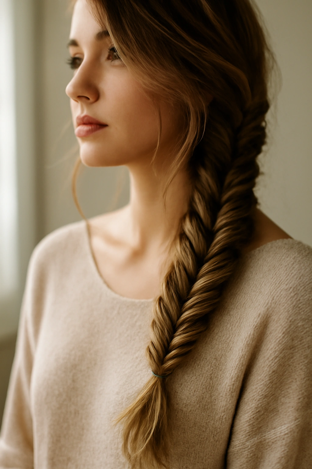 Close-up of a loose side fishtail braid with wispy face-framing strands in soft natural light