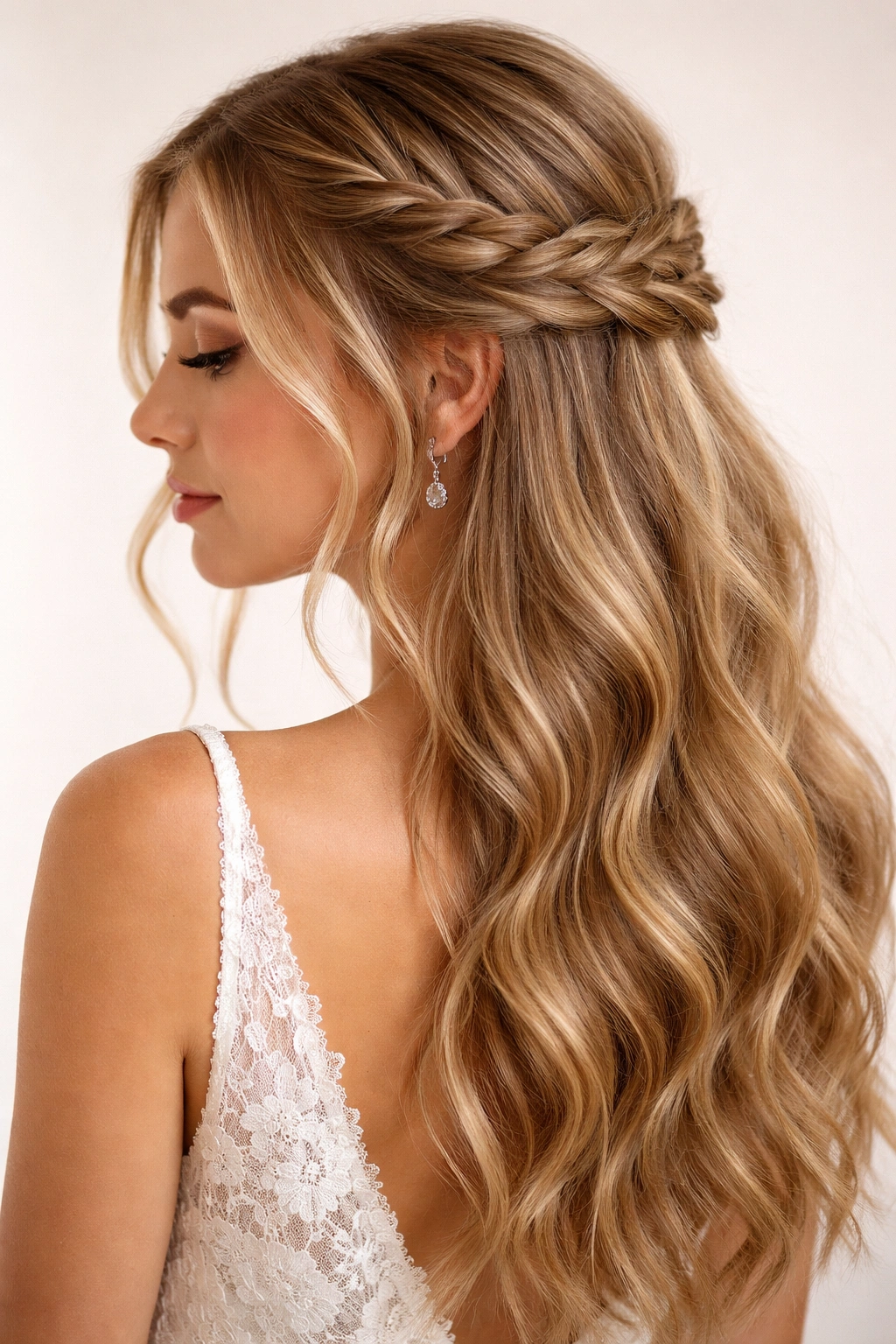 Fishtail half-up with face-framing strands and intricate weaving