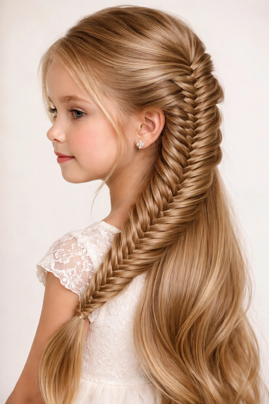 Intricate fishtail braid with lace texture on a child's hair