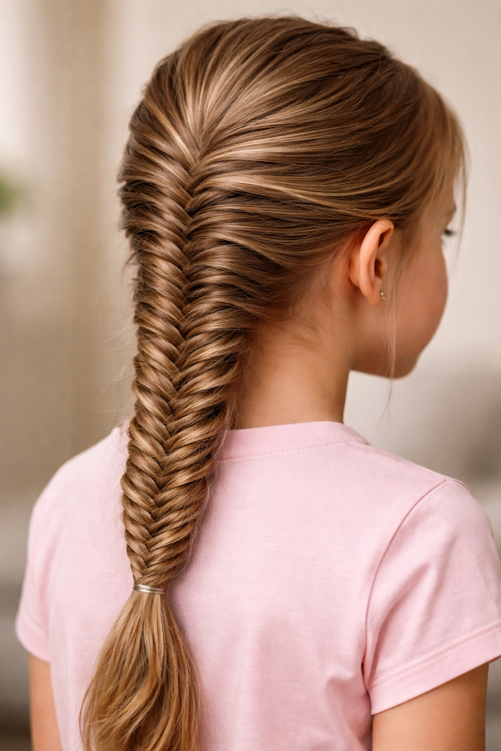 Close-up of a child’s hair in a fishtail braid with a delicate pattern