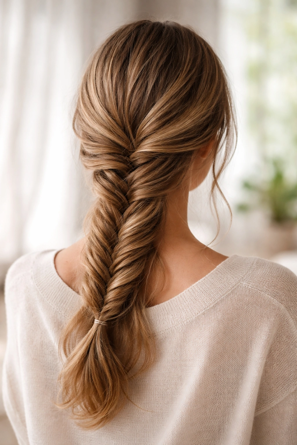 Close-up of a loose fishtail braid at the nape, showing comfortable everyday styling.