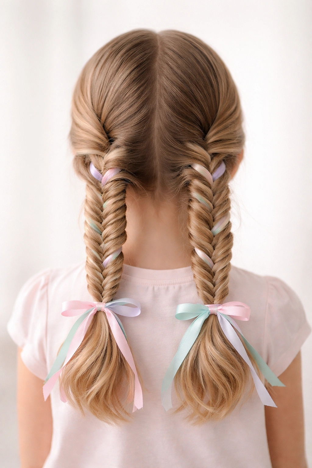 Two low fishtail braids with pastel ribbons on a child, back view