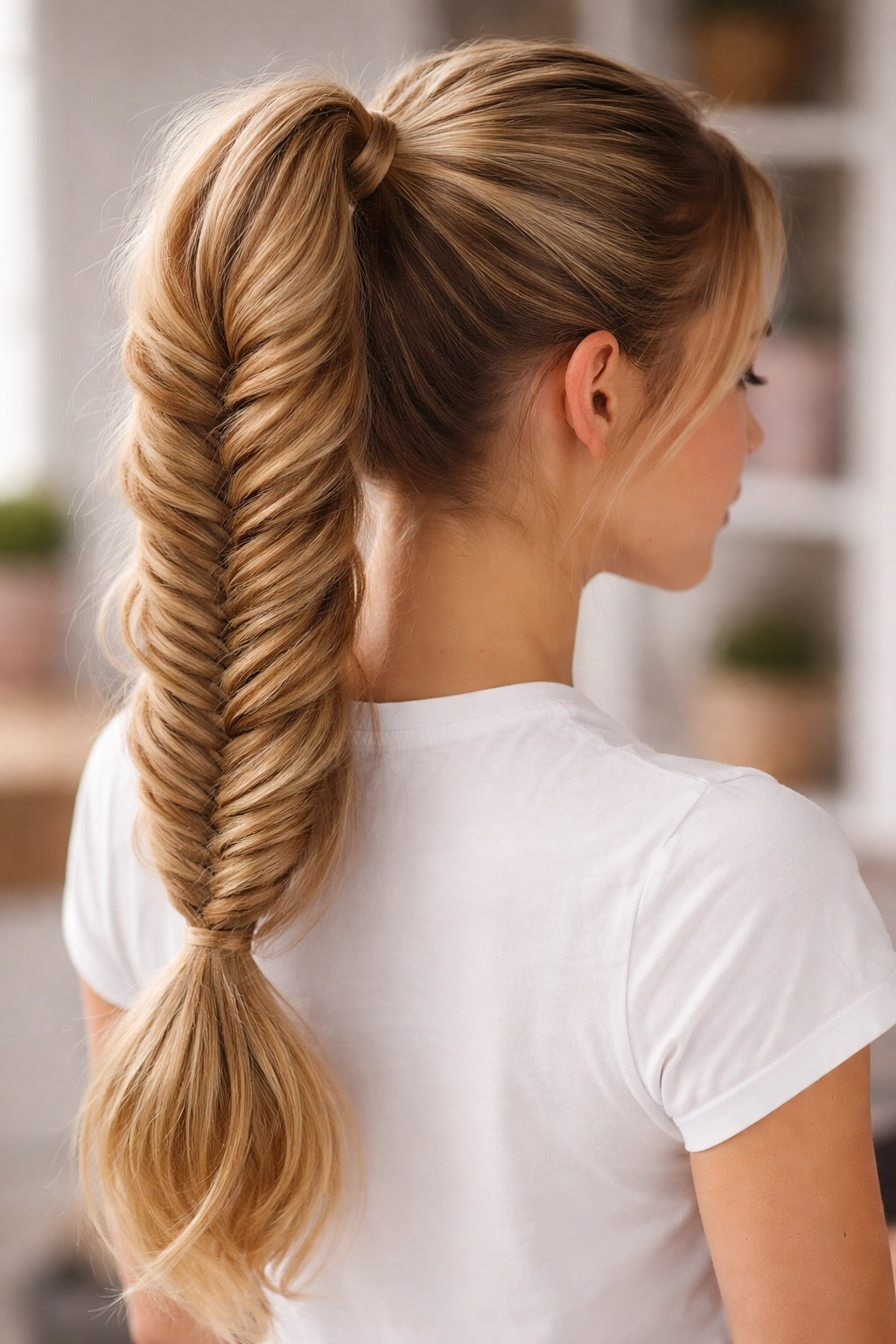 Ponytail with an intricate fishtail braid running through it.