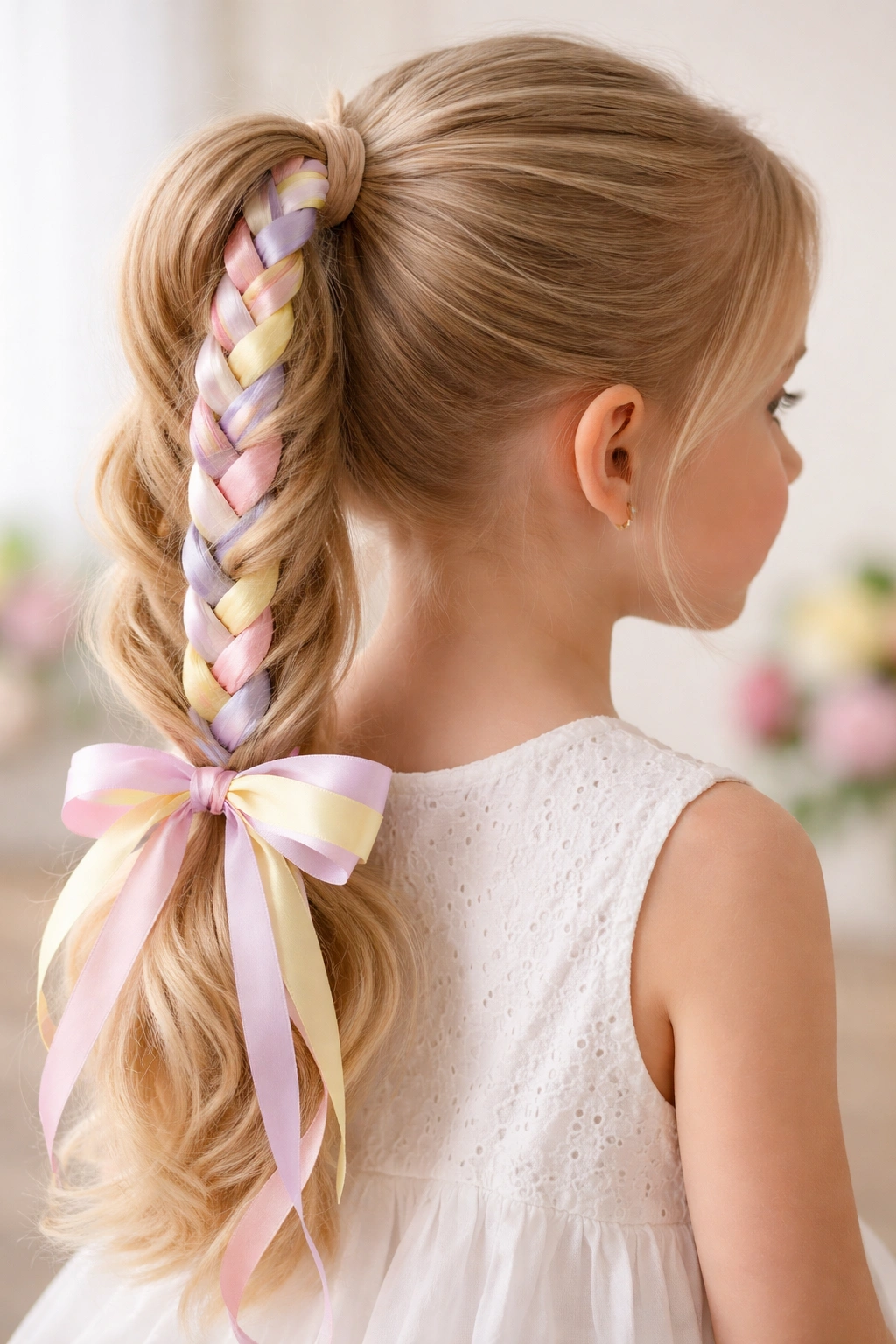 Fishtail braid ponytail with ribbon weaving