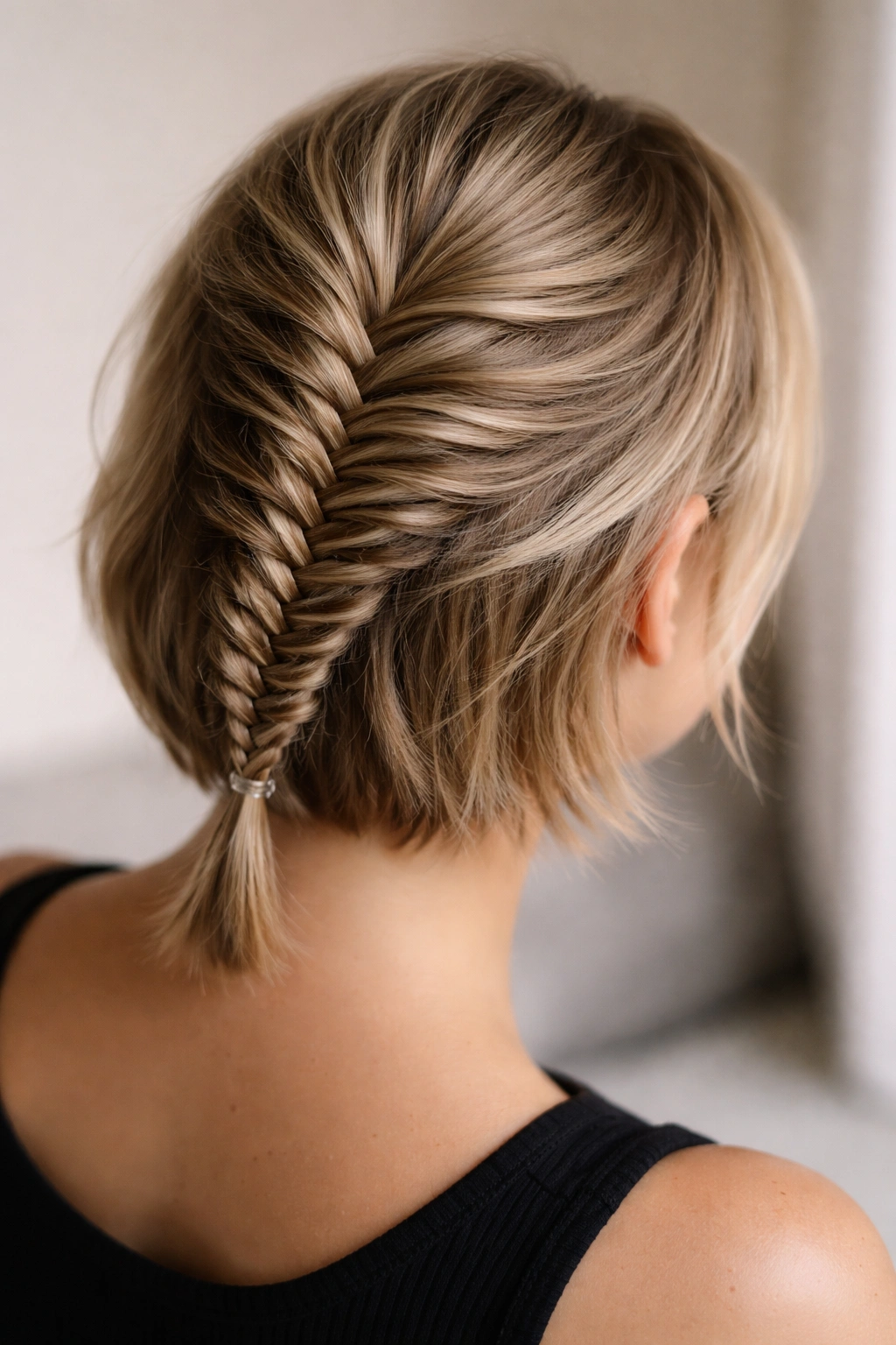 25 Short Braid Styles To Bookmark For Your Stylist 12 Two-section fishtail braid forming a fishbone pattern on short hair.