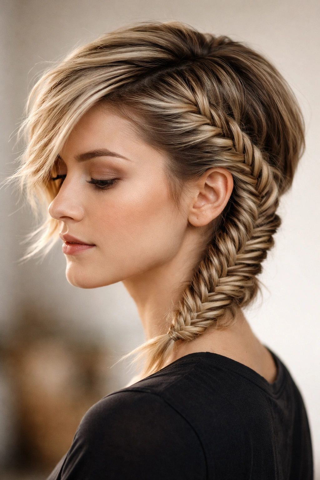 20 Short Braided Hairstyles To Pin Right Now 6 Close-up of a fishtail braid swept to the side on a short hairstyle