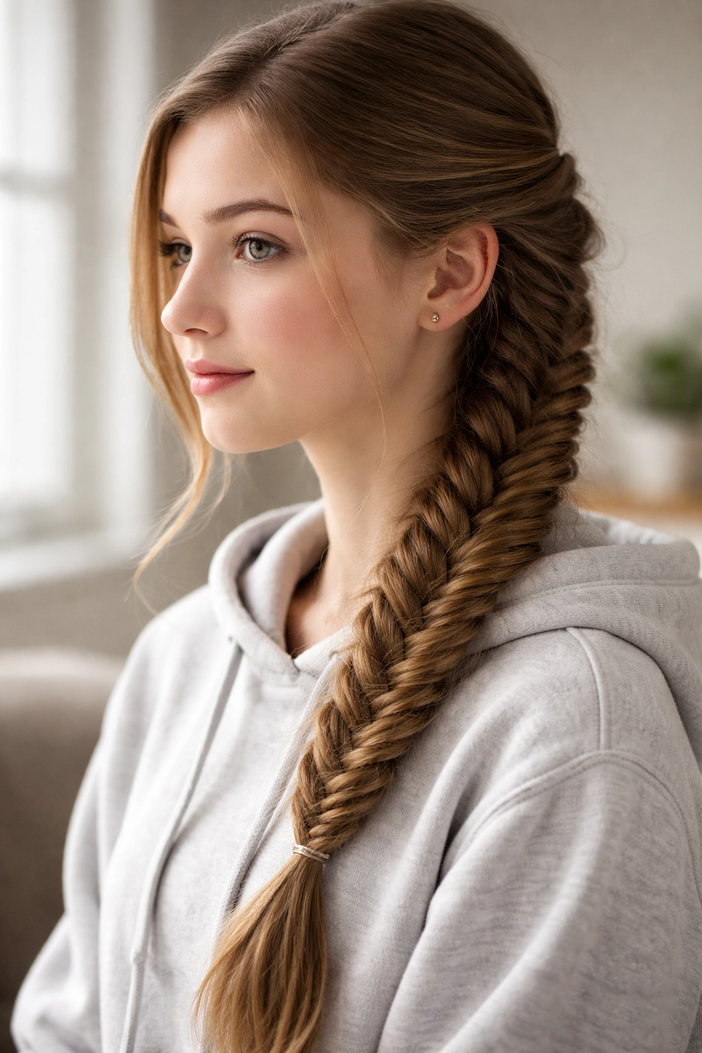 Teen girl with a neat fishtail side braid over one shoulder
