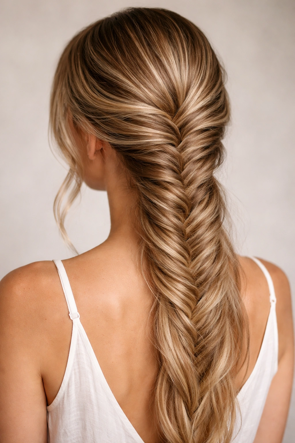Close-up of a textured fishtail braid along the back of the head