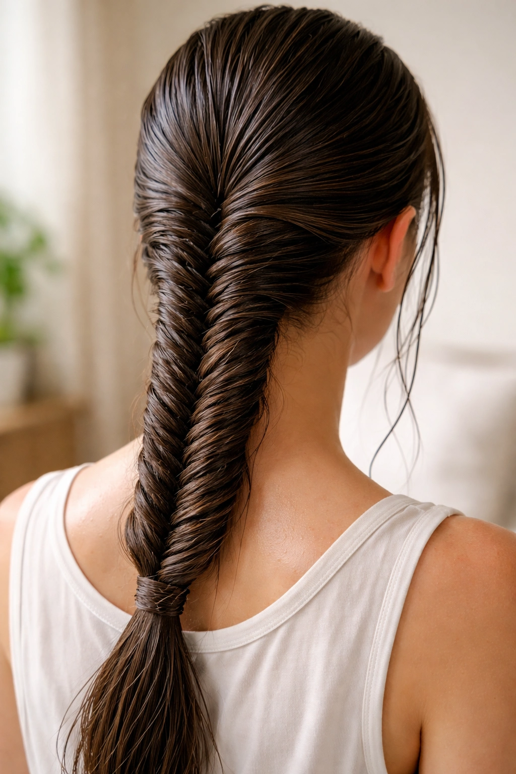 Close-up of a damp fishtail braid showing intricate interwoven pattern