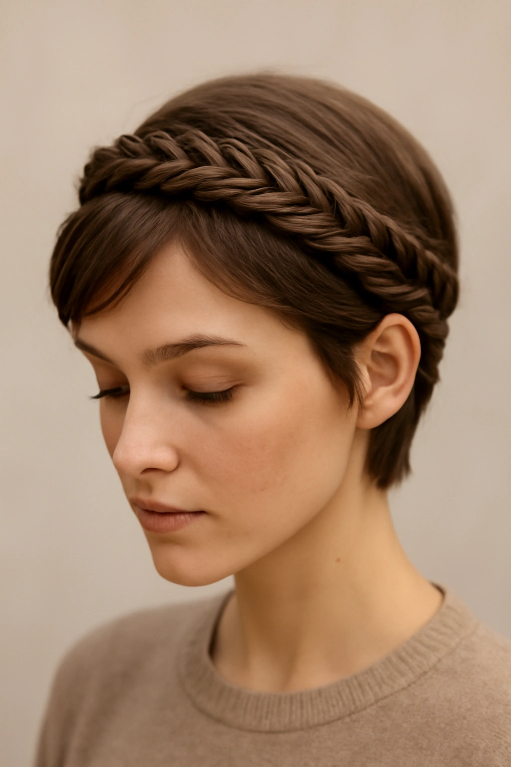 Fishtail braid crown around a short hairstyle