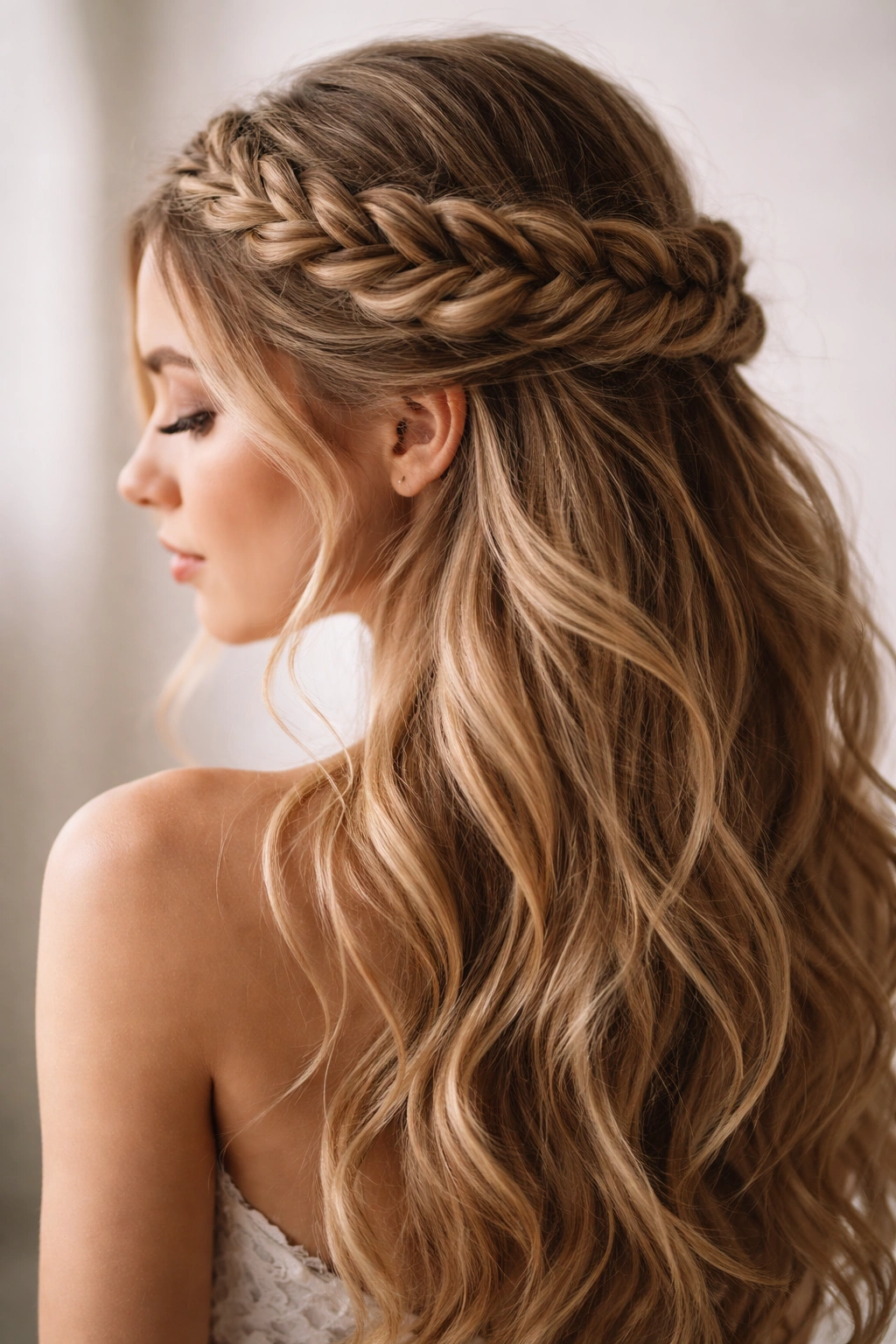 Fishtail crown braid wrapped around the head with flowing loose hair