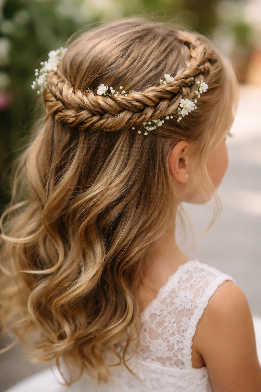 Flower girl with a fishtail crown braid around the head