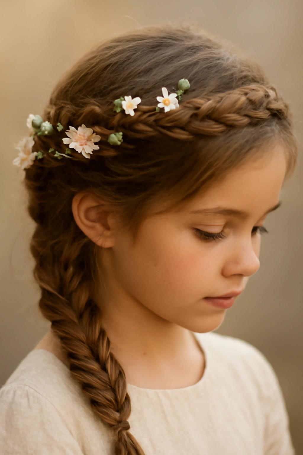 10 Braided Crown Hairstyles Every Flower Girl Needs 6 Fishtail braid crown with floral accents woven around a child's head