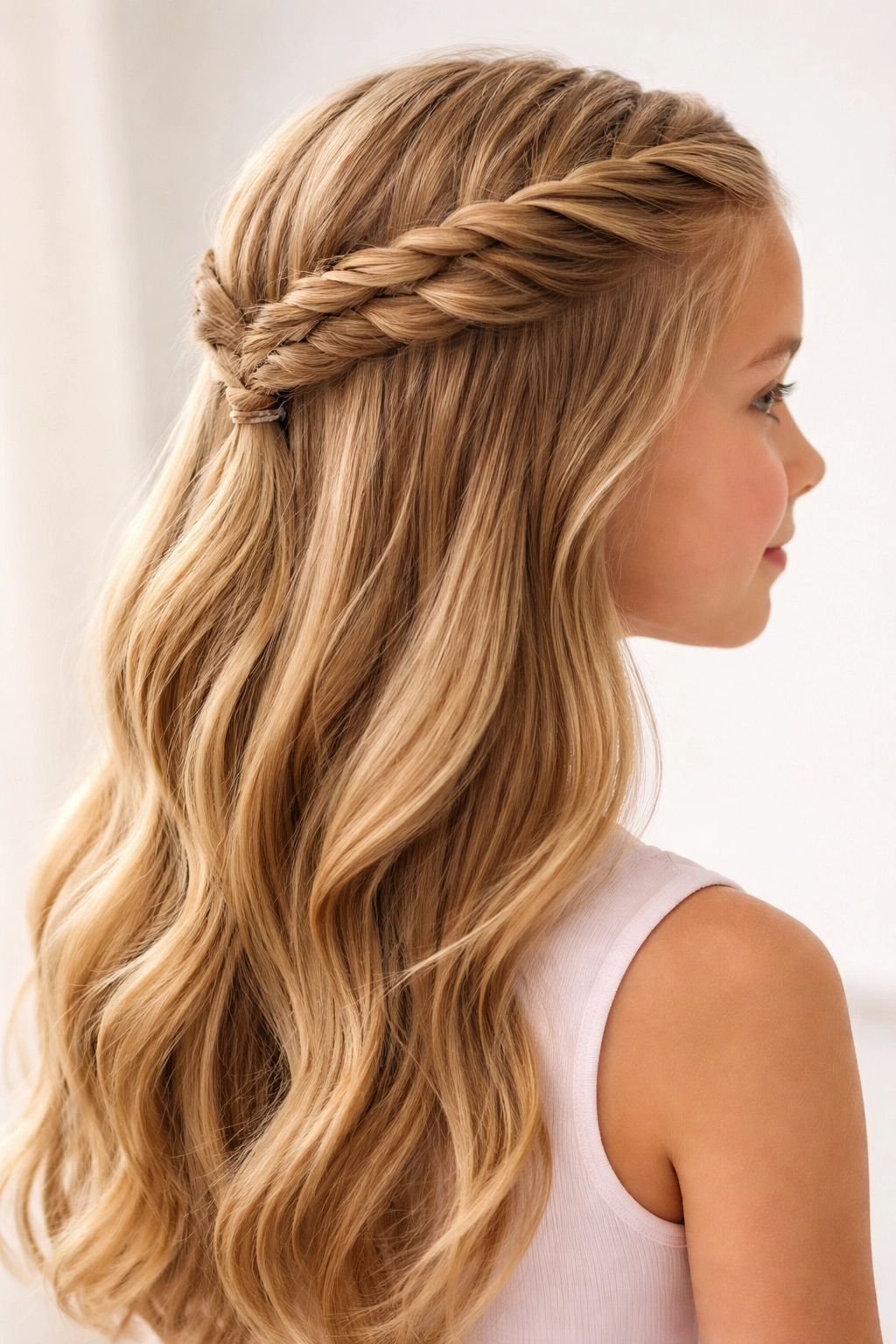 Side view of a fishtail half-up braid with hair down on a soft background