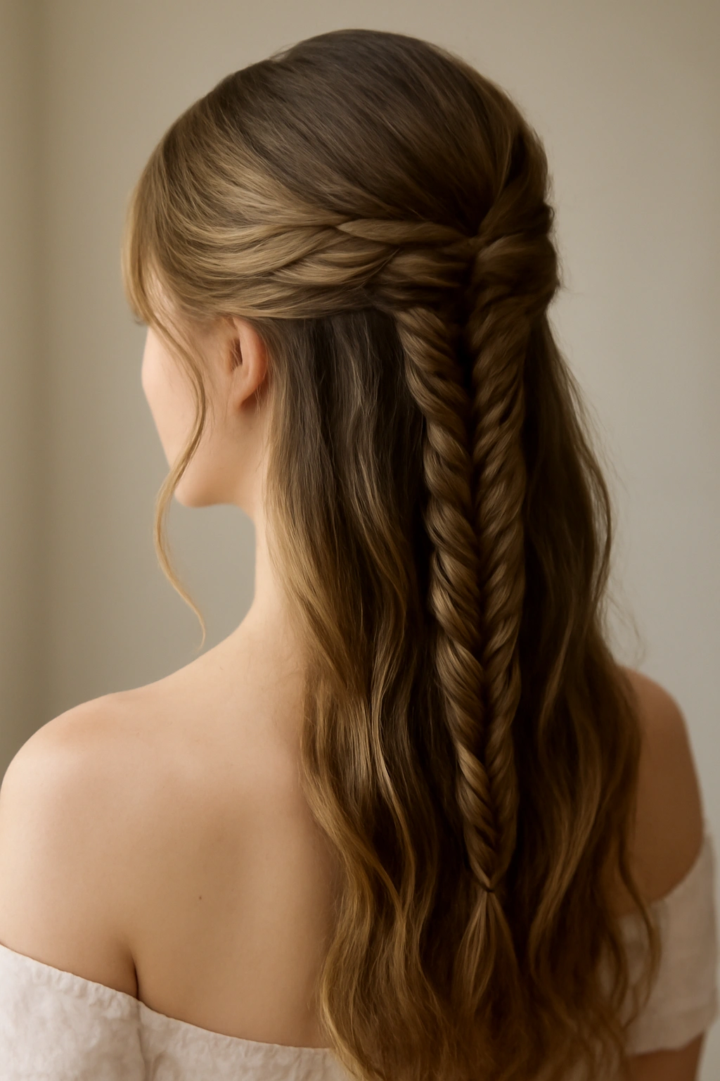 8 Half-Up Braided Styles That Were Made for Weddings 6 Bride's fishtail half-up braid with intricate herringbone texture.