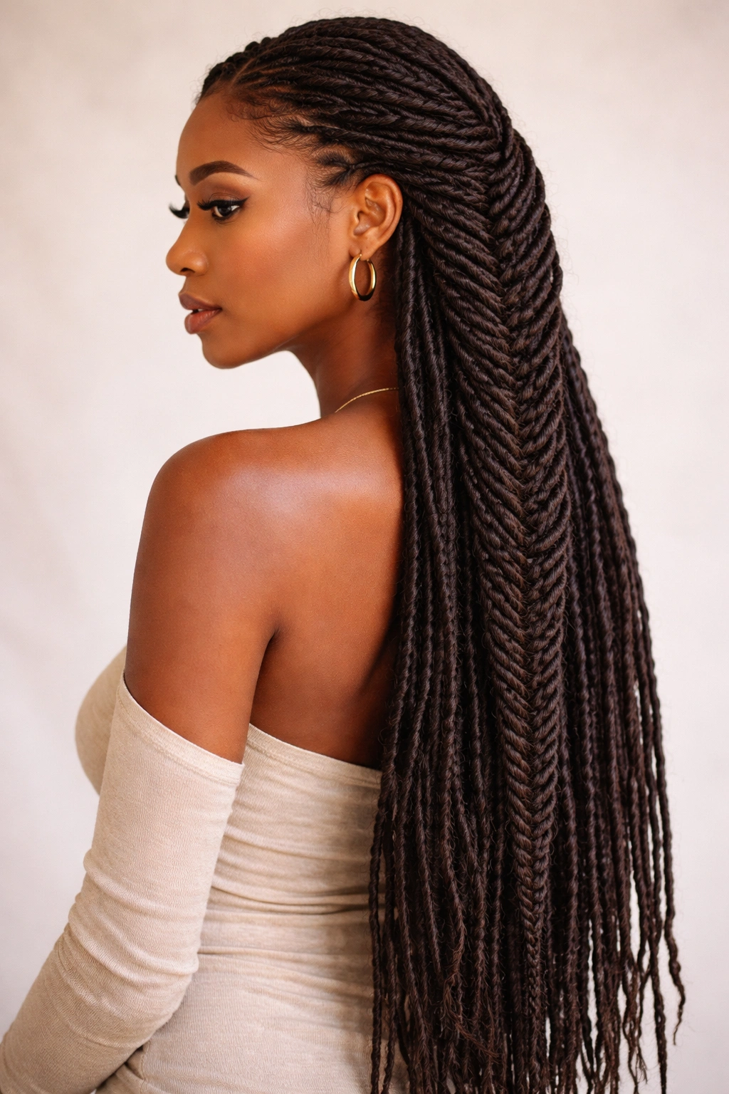 Long locs woven into a slender fishtail braid along their length
